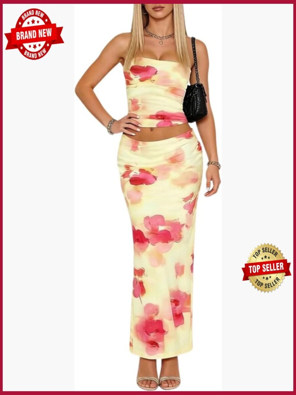 Floral 2 Piece Skirt Set Tube Top Bodycon Maxi Skirt Y2K Vacation Outfits